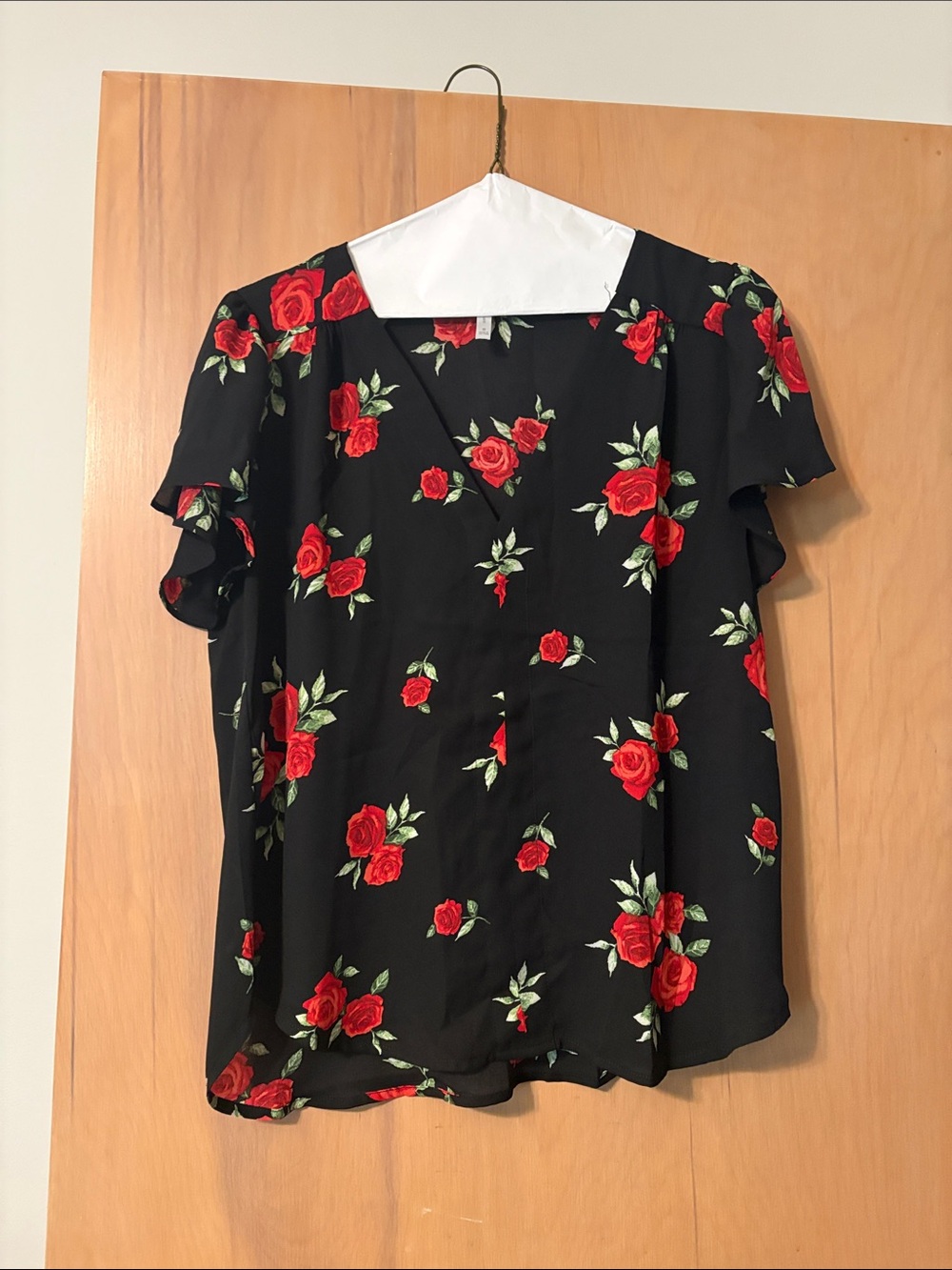 Black Floral V-Neck Top with Red Roses